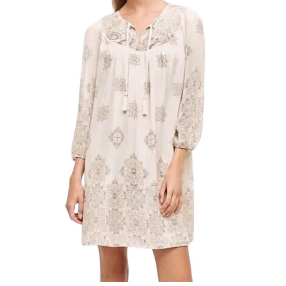 One September Anthropologie Peasant Style Medallion Print Dress Beige Brown Med